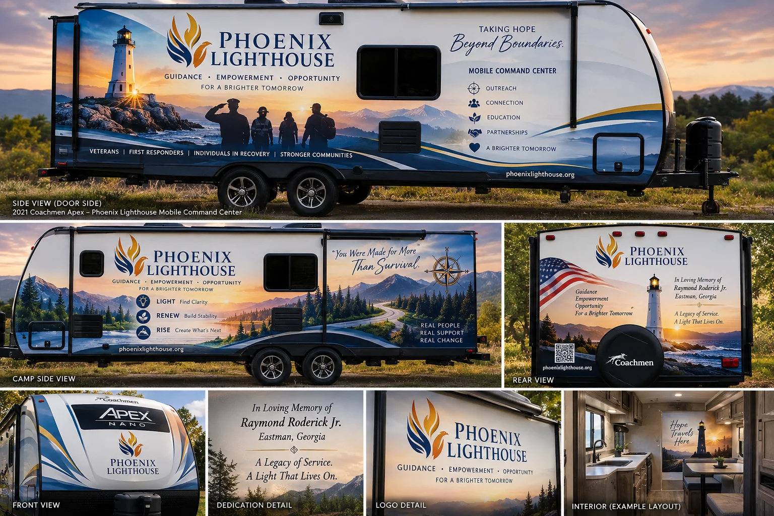 Proposed Phoenix Lighthouse travel trailer graphics, multiple views